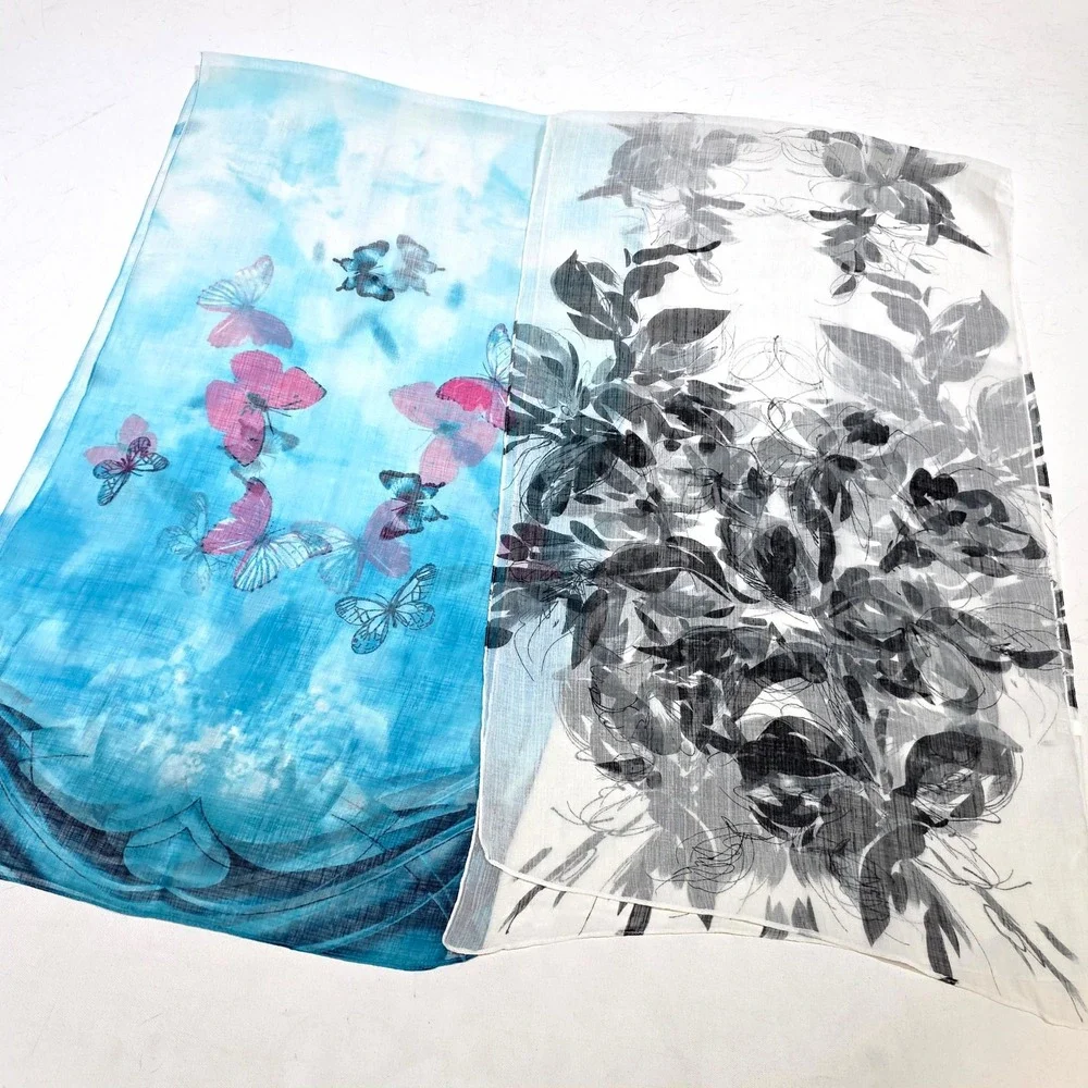 Scarf Set 19 x 64 Womens Blue White Butterfly Floral Sheer Lightweight Wrap Fall